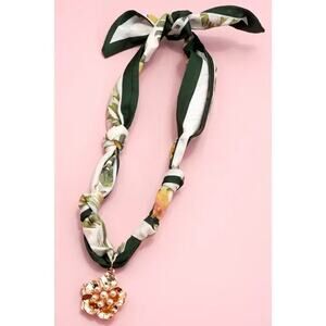 Tropical Green Knotted Scarf Layering Necklace with Flower Charm
